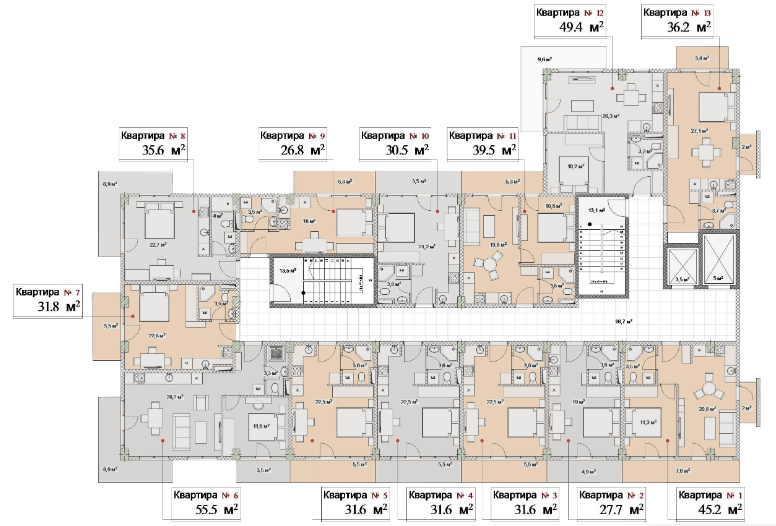 Типовая планировка квартир жилого комплекса Next Green подготовлена исходя из плана 4-го этажа